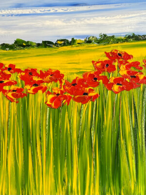 JP6610 - 39x32 inches - 100x81 cm peinture coquelicots en plein champs - Figuratif - contemporain JalinePol, Artiste peintre à Lyon -