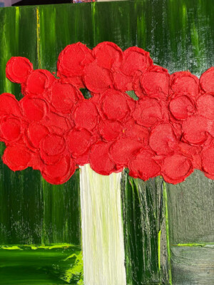 JP6611 - 36x29 inches - 92x73 cm peinture bouquet de fleurs rouge sur fond vert - figuratif contemporain - JalinePol, Artiste peintre à Lyon -