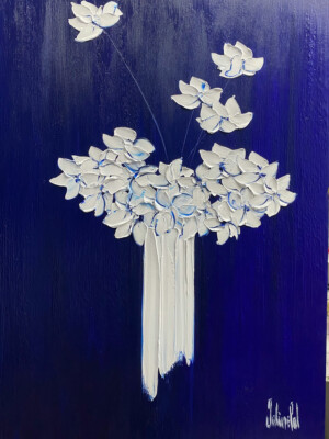 JP6633 - 46x35 inches - 116x89 cm peinture bouquet de fleurs bleu et blanc - Figuratif - contemporain JalinePol, Artiste peintre à Lyon -