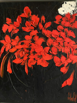 JP6638 - 9x32 inches - 100x81 cm peinture bouquet de fleurs rouge sur fond noir - Figuratif - contemporain JalinePol, Artiste peintre à Lyon -