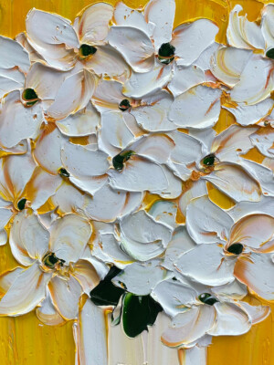JP6643 - 12x12 inches - 30x30 cm peinture bouquet de fleurs blanc sur fond jaune - Figuratif - contemporain JalinePol, Artiste peintre à Lyon -