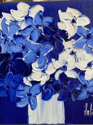 JP6648 - 16x16 inches - 40x40 cm peinture bouquet de fleurs bleu et blanc - Figuratif - contemporain JalinePol, Artiste peintre à Lyon -