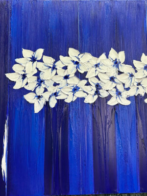 JP6664 - 46x32 inches - 116x89 cm peinture bouquet de fleurs bleu et blanc - Figuratif - contemporain JalinePol, Artiste peintre à Lyon -