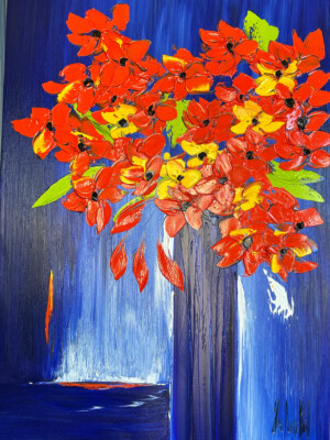 JP6665 - 36x25 inches - 92x73 cm peinture bouquet de fleurs rouge sur fond bleu - Figuratif - contemporain JalinePol, Artiste peintre à Lyon -