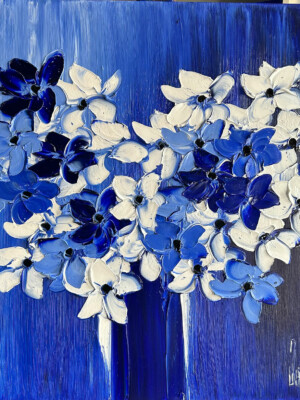 JP6666 - 32x32 inches - 80x80 cm peinture bouquet de fleurs bleu et blanc - Figuratif - contemporain JalinePol, Artiste peintre à Lyon -