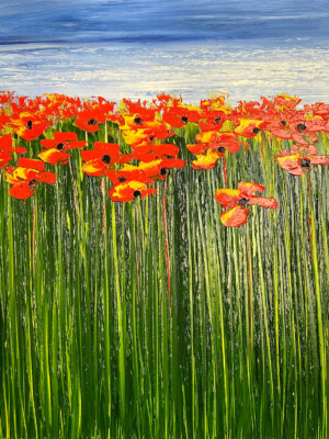 JP6690 - 32x32 inches - 80x80 cm peinture coquelicots rouge orangé - Figuratif - contemporain JalinePol, Artiste peintre à Lyon -