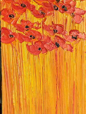 JP6693 - 36x12 inches - 90x30 cm peinture fleurs rouge orangé au couché de soleil - Figuratif - contemporain JalinePol, Artiste peintre à Lyon -