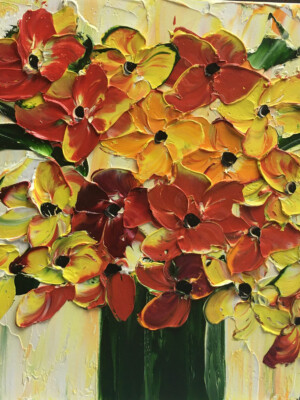 JP6862 - 16x16 inches - 40x40 cm peinture bouquet de fleurs jaune orangé - Figuratif - contemporain JalinePol, Artiste peintre à Lyon -