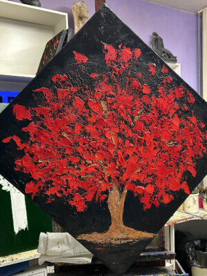 JP6898 - 40x40 inches - 100x100 cm peinture arbre rouge sur fond noir - Figuratif - contemporain JalinePol, Artiste peintre à Lyon -