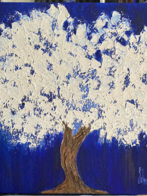 JP6899 - 40x40 inches - 100x100 cm peinture arbre blanc sur fond bleu - Figuratif - contemporain JalinePol, Artiste peintre à Lyon -