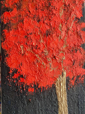 JP6900 - 47x24 inches - 120x60 cm peinture arbre rouge sur fond noir - Figuratif - contemporain JalinePol, Artiste peintre à Lyon -
