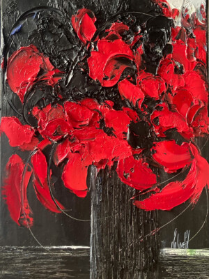 JP6923 -10F - 22x18 inches - 55x46 cm peinture bouquet de fleurs rouge et noir - figuratif contemporain - JalinePol, Artiste peintre à Lyon -
