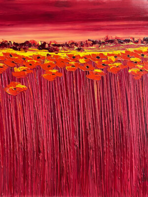 JP6646 - 40x40 inches - 100x100 cm peinture coquelicot - monochrome rouge orangé JalinePol, Artiste peintre à Lyon - Le coucher de soleil les rend chatoyantes