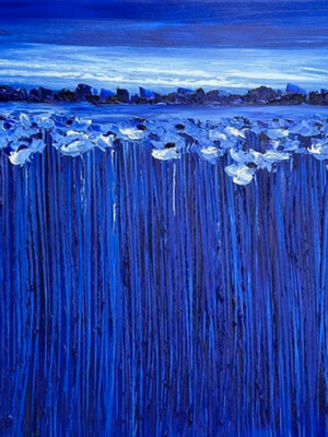 JP6663 - 46x32 inches - 116x89 cm peinture coquelicot - monochrome bleu JalinePol, Artiste peintre à Lyon - À la nuit tombante