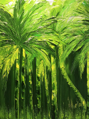 JPH047 - 5x32 inches - 81x65 cm peinture palmier - monochrome vert JalinePol, Artiste peintre à Lyon - Espoir sous les tropiques