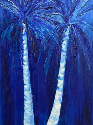 JPH105 - 36x18 inc - 90x50 cm peinture palmier - monochrome bleu JalinePol, Artiste peintre à Lyon - Une nuit sous les tropiques