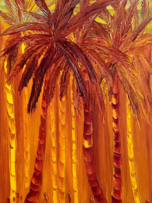 JPH107 - 36x18 inc - 90x50 cm peinture palmier - monochrome JalinePol, Artiste peintre à Lyon - Soleil couchant