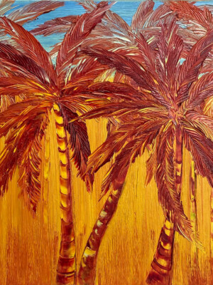 JPHG002 - 24x20 inches - 61x50 cm peinture palmier - monochrome JalinePol, Artiste peintre à Lyon - Coucher de soleil sous les tropiques