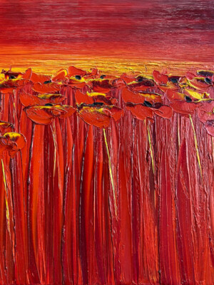JPHG003 - 20x24 inches - 61x50 cm peinture coquelicot rouge- monochrome JalinePol, Artiste peintre à Lyon - Brulantes au soleil couchant